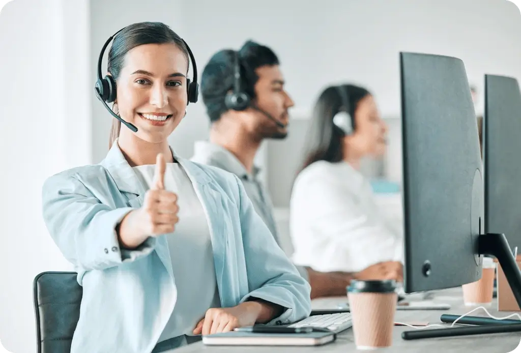 A friendly support agent helping a customer online